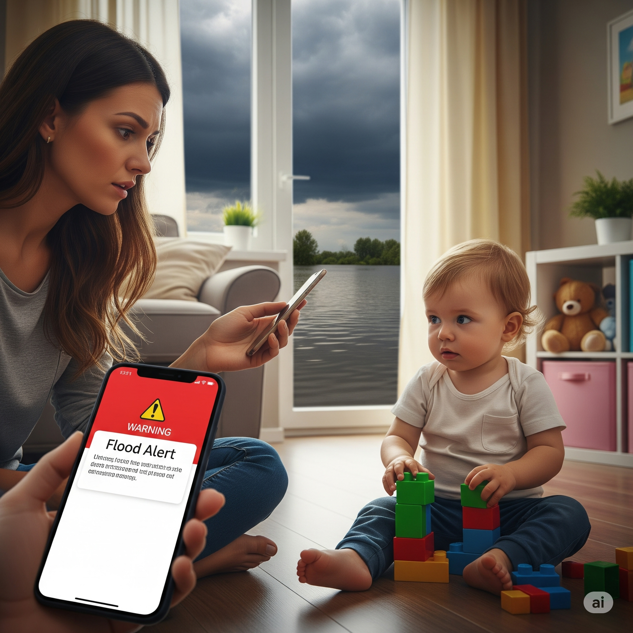 Family receiving flood alerts